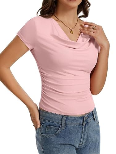 Women's Cowl Neck Tops Short Sleeve Slim Fit Ruched T-Shirts Summer Casual Dressy Business Blouses Going Out Top thumbnail 5