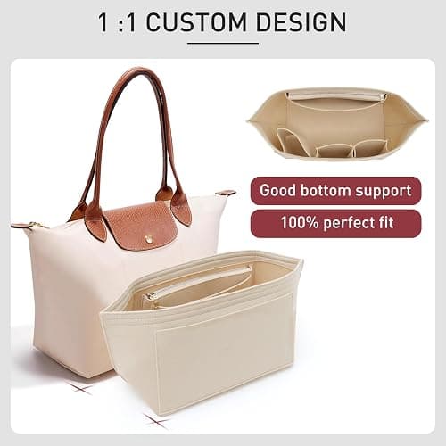 OAikor Felt Purse Organizer Insert for Longchamp Le Pliage L Tote Bag & M Handbag, Zipper Long Champ Bag Organizer Insert with Cup Holder, Women Bags Divider Shaper with 8 Compartments (Beige,L) thumbnail 6