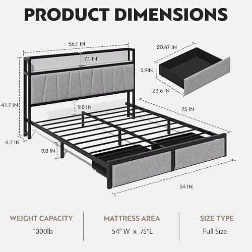 CIKUNASI Full Size Bed Frame with Headboard and Storage Drawers Platform Bed Frame with Storage Chargin Station LED Light Bedframe Heavy Duty No Box Spring Needed thumbnail 2