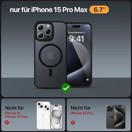 Miracase für iPhone 15 Pro Max Hülle für MagSafe [mit 2 Schutzglas] [TOP Militärschutz & Magnetkraft] Stoßfest Kratzfest mit Samtiger Haptik Handyhülle für iPhone 15 Pro Max 6,7 Zoll, Matt-Schwarz thumbnail 2