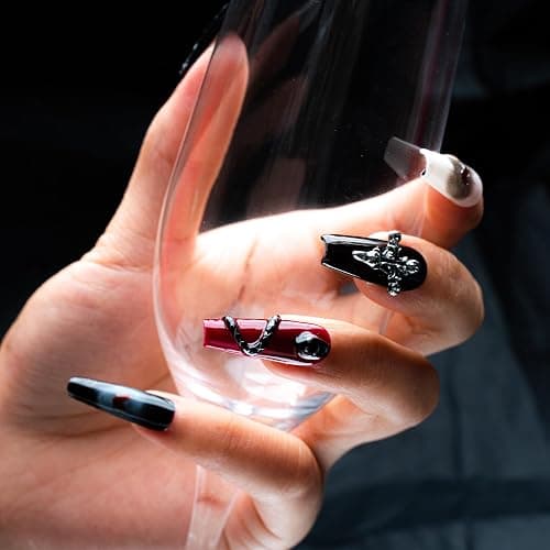 Sun&Beam Nails Handgefertigte Kunstnägel Lang Sargform Ballerina Nägel zum Aufkleben in Rot Schwarz Y2K Halloween Ombre Design mit Klebepads 10 Stück (#189 M) thumbnail 3