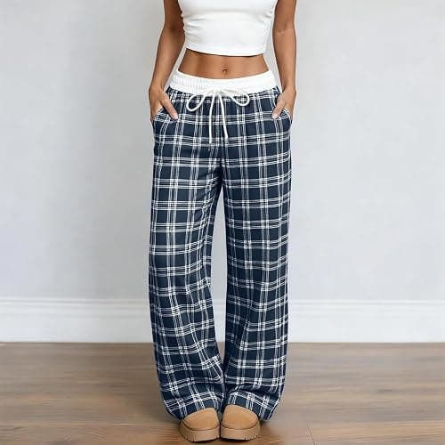 Women's Plaid Pyjama Bottoms Fleece Checked Pjs Pants Cotton Soft Drawstring Lounge Sleepwear Trouser for Ladies thumbnail 3