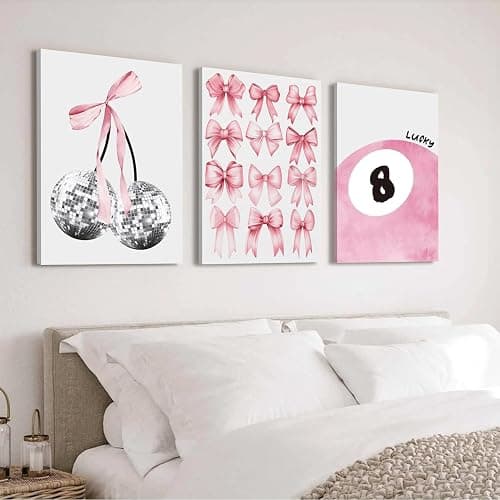 Trendy Pink Bows Wall Art Set of 3 Coquette Preppy Cherry Wall Decor Light Pink Cute Girly Lucky 8 Ball Canvas Poster Prints Aesthetic for College Dorm Living Room Bedroom Framed 12x16 Inch thumbnail 2