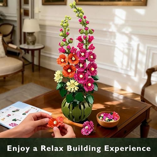 CUBIMANA Flowers Botanicals Alcea Rosea Building Set for Adults, Ages 12+ | Artificial Flowers & Plants for Home Office, Bedroom or Desk Decor, 974PCS Birthday Christmas Housewarming Gift for Women Men thumbnail 8