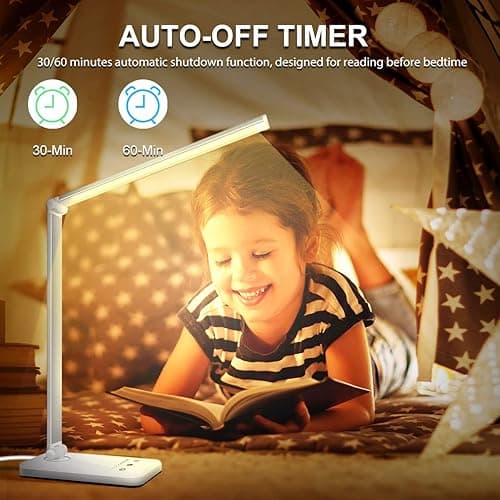 White crown LED Desk Lamp Dimmable Table Lamp Reading Lamp with USB Charging Port, 5 Lighting Modes, Sensitive Control, 30/60 Minutes Timer (White, First-Generation) - Silver - first-generation thumbnail 8