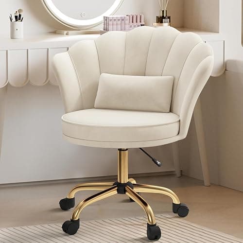 Aivermeil Modern Velvet Vanity Chair with Gold Base, Swivel Office Chair with Lumbar Pillow, Adjustable Rolling Task Chair for Condo, Bedroom & Vanity，Beige - Image 1