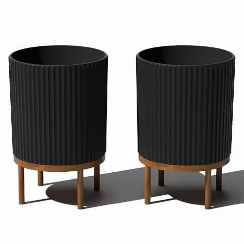 Veradek Demi Series Round Planter w/Stand for Porch/Patio | Durable Plastic-Stone Composite & Wooden Stand | Modern Décor for Tall Plants, Flowers - Image 1