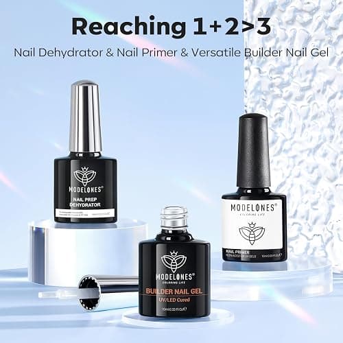 modelones Nail Thickening Solution, Dehydrator and Primer & Builder Nail Gel, 3Pcs Prep Dehydrate & Bond Primer Clear Gel Builder Polish Base Coat for Strengthener Apex Building, LED Lamp Cured 10ml thumbnail 9