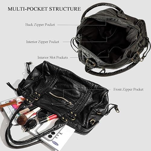 RuiDay Sac à main vintage pour femme, Sac à bandoulière pour Femme avec Multi-Poches, sac fourre tout en Cuir PU, Sac messager, Pour l'école, les voyages thumbnail 5