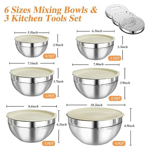 Winproper Mixing Bowls with Lids Set, 6 PCS Stainless Steel Mixing Bowls with 3 Grater Attachments, Kitchen Food Storage Organizers Nesting Mixing Bowl, Large Size 4.5, 3.5, 2.1, 1.5, 1.1, 0.7QT thumbnail 3