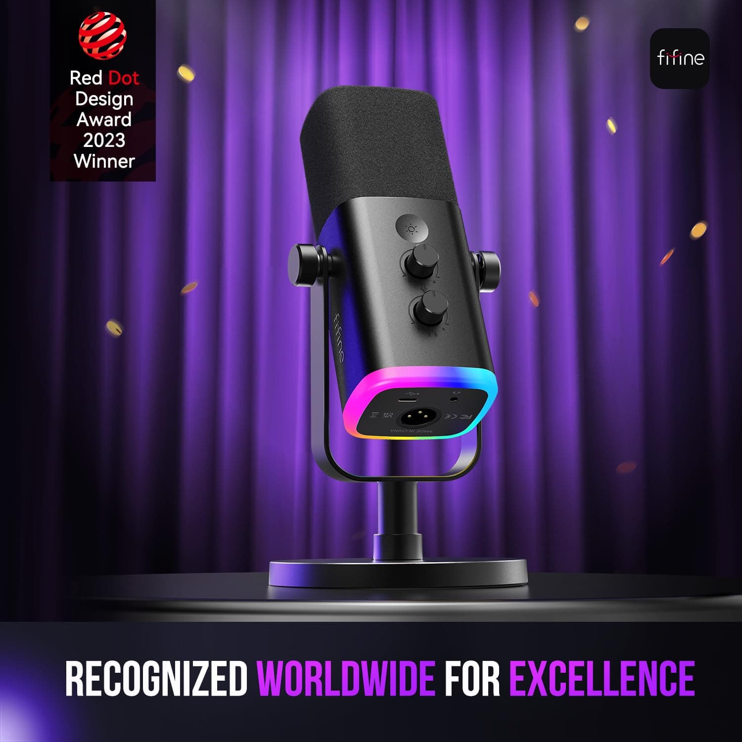 FIFINE XLR/USB Dynamic Microphone for Podcast Recording, PC Computer Gaming Streaming Mic with RGB Light, Mute Button, Headphones Jack, Desktop Stand, Vocal Mic for Singing YouTube-AmpliGame AM8 thumbnail 2