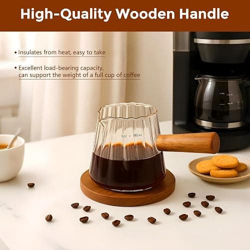 YARRAMATE 2 Pack 6 oz/180ML Glass Measuring Cup with Wooden Handle – Espresso Shot Cups, Ribbed Milk Frothing Pitcher, Dual Scale Markings, V-Shaped Mouth for Easy Pouring thumbnail 6