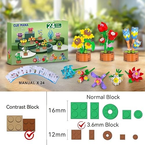 24 Pack Flowers Party Favors for Kids Building Set - 827PCS Succulents 3.6MM Mini Building Blocks Toy for Easter Basket Stuffers, Classroom Prizes, Mother's Day Birthday Gift for Girl Boy Ages 6+ thumbnail 7