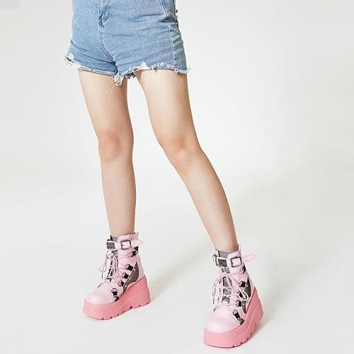 Tscoyuki Platform Ankle Boots for Women Chunky High Heel Booties Goth Round Toe Combat Boots Women Lace Up Motorcycle Wedges thumbnail 7