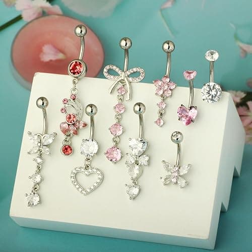 14G Belly Button ring Dangle Belly Rings Surgical Stainless Steel Cute Bow Butterfly Heart Flower Dangling Belly Button Piercing Jewelry For Women Silver Dainty Dangly Navel Ring thumbnail 2