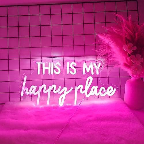 Neon Signs for Wall Decor - This Is My Happy Place Neon Signs for Teen Girls Bedroom Decor, Pink Led Neon Lights for Wall Decor, Nightstand Light, Dimmable Switch USB Power, Adhesive Hook Included - This is my happy place-pink - Image 1