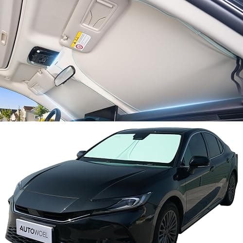 Windshield Sun Shade for Car, Cooling Car Windshield Shade, 99% UV Protection & Heat Insulation, Green & Beige Sunshade with Storage Bag, V-Cut Mirror Opening for Cars SUVs Trucks Vans,Medium 64"*32" - Image 1