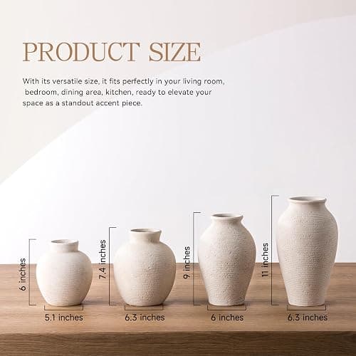 Vanselia Ceramic Flower Vase Home Decor - Small Farmhouse Table Vases Rustic Vintage Living Room Kitchen Bedroom Decorations for House Book Shelf Office Coffee Desk Dining Fireplace (6" Rustic) thumbnail 2