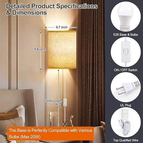Plug in Wall Sconces Set of Two: Wall Lights with On/Off Switch - Stepless Color Temperature Wall Mount Lamps - Fabric Linen Wall Sconce for Bedroom Living Room & Hallway- Indoor Corded Wall Sconces thumbnail 5