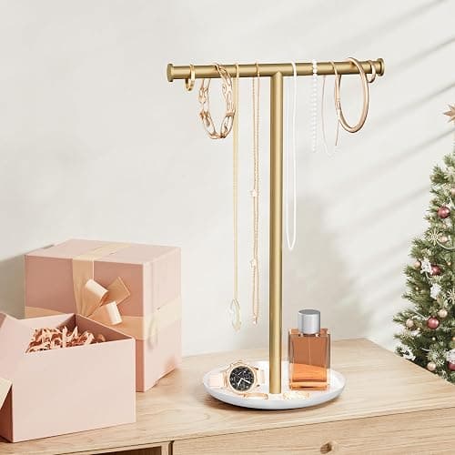 Jasopaco Gold Necklace Organizer Stand with Storage Tray - 12.6" Tall T-Shaped Jewelry Holder Stand for Bracelets, Earrings, Rings | Stylish Home & Vanity Décor for Women. thumbnail 7