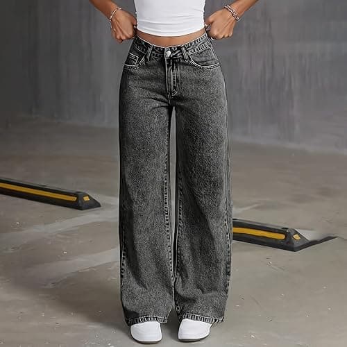 Girls High Wasited Jeans Wide Leg Straight Y2K Solid Baggy Denim Pants Cute Loose Fit Denim Trousers thumbnail 6