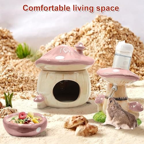 BELEATAL Mushroom Ceramic Hamster Hideout, Water Bottle with Stand, Food Bowl, Hamster Accessories (Pink) thumbnail 5
