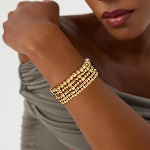 Eaciy Gold Bracelets for Women, 14K Gold Plated Beaded Bracelets Gold Strand Bead Ball Bracelet Stack Set Adjustable Bracelet Set Waterproof Jewelry for Women Gifts Non Tarnish thumbnail 2
