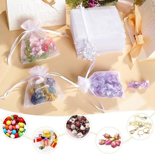 100Pcs White Organza Bags, 2x3Inch Sheer Wedding Party Favor Bags with Drawstring, Jewelry Gift Bags Christmas Candy Pouches thumbnail 4