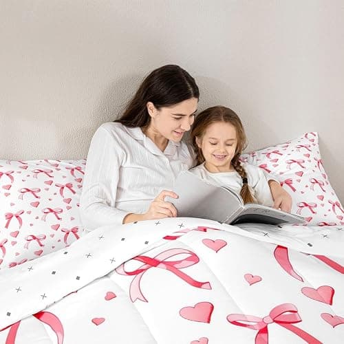 meiyoeat Cute Red Bow Comforter Set Twin Size Kids Bowknot Heart Bedding Set Gift for Girls Women Duvet Insert Breathable Quilt Bedroom Decor,1 Comforter with 1 Pillowcase thumbnail 6