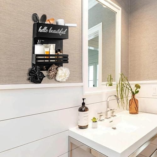 Cokritsm Wooden Hair Dryer Holder Wall-Mounted - 2 Tier Bathroom Storage Shelf Cosmetic & Hairdressing Tools Organizer for Bathroom Countertop/Vanity (Black) thumbnail 6