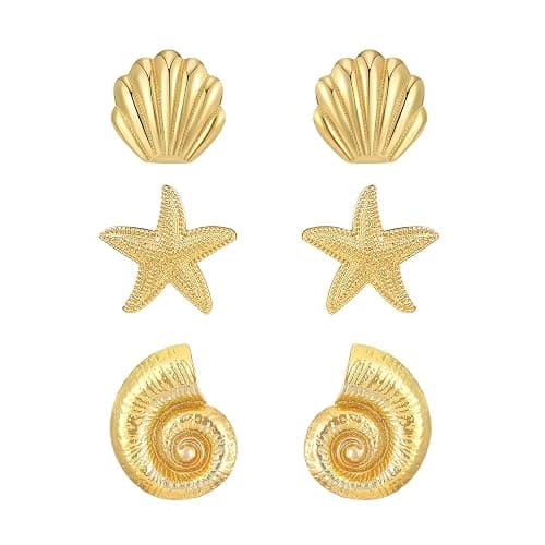 3 Pairs Beach Earrings for Women 14K Gold Statement Earrings Summer Ocean Jewelry Starfish Conch Seashell Stud Earring Set - Image 1
