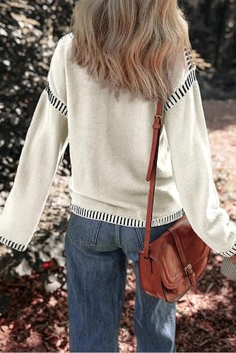 Dokotoo Sweaters for Women Fashion Solid Crewneck Loose Fit Long Sleeve Contrast Cable Knit Pullover Sweater Jumper Tops thumbnail 2