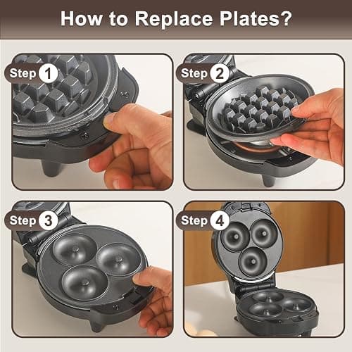 UVFAST Mini Waffles Maker with 8 Removable Plates, 4 in 1 Small Waffle Maker Mini- Waffle, Heart Waffle, Pancake, Donut, 4.5" Non Stick Waffle Iron for Kids and Families, Black thumbnail 8