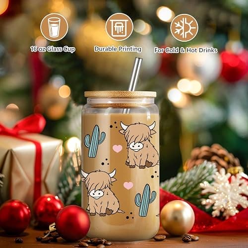 LEADO Highland Cow Cup, Cute Coffee Mug, 16 oz Glass Cups with Lids and Straws - Highland Cow Gifts for Women, Girls, Mom - Christmas, Birthday Gifts for Coffee Lovers Women, Cowgirls, Cute Stuff thumbnail 4