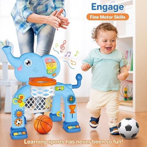SpringFlower Toddler Basketball Hoop & Soccer Goal Activity Center Toys with Light & Music,Elephant Toddlers Musical Toys Gift, Baby & Toddlers Christmas Birthday Gift for 1 2 3 Year Old Boys & Girls - Blue thumbnail 7