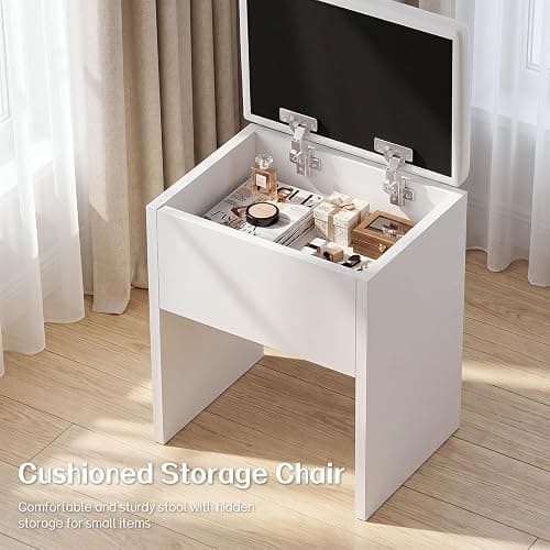 FUXA Vanity Desk with LED Lights Mirror and Charging Station, Makeup Vanity Table with Storage Drawers, Cabinet and Chair, Dressing Table Set for Bedroom, White thumbnail 8