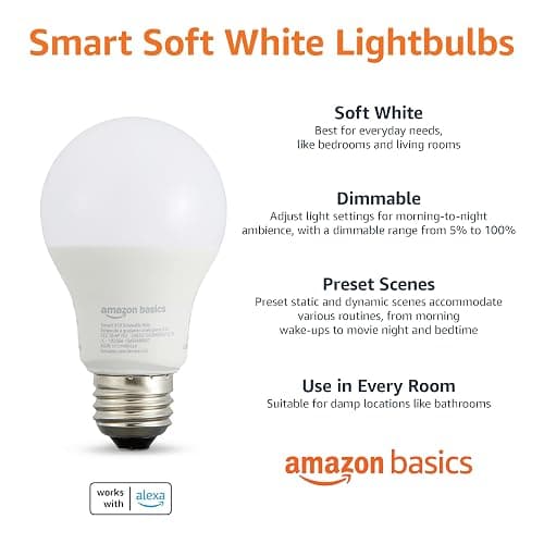 Amazon Basics Smart A19 LED Light Bulb, Dimmable Soft White (2700K), 9W (60W Equivalent), 800LM, Works with Alexa Only, 2.4 GHz Wi-Fi, No Hub Required, 4 Pack thumbnail 2