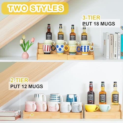 Hongtamoya 3-Tier Expandable Bamboo Mug Holder For Countertop Coffee Cup Holder Display Mug Organizer Mug Rack for Coffee Bar Organizer Mug Shelf for Cabinet for Kitchen, Home thumbnail 9