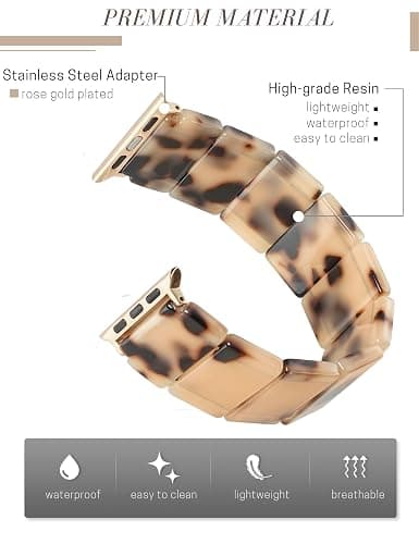 Heesch Stretchy Resin Watch Band Compatible with Apple Watch for Women, Tortoise Watch Strap Bracelet Wristband for iwatch Series Ultra/10/9/8/7/SE/6/5, 38/40/41/42mm, 44/45/46/49mm, Rectangle thumbnail 3