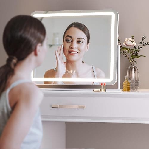 Hasipu Vanity Mirror with Lights, 22" x 18" LED Makeup Mirror, Light up Mirror with Smart Touch 3 Colors Dimmable, Brightness Adjustment, 360° Rotation (White) thumbnail 7