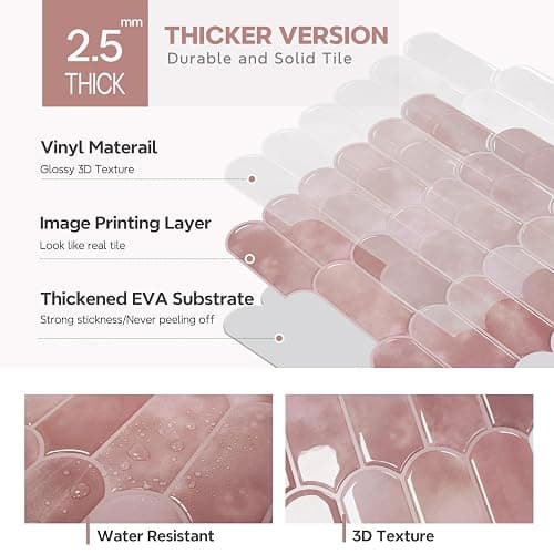 Vamos Tile 10-Sheet Backsplash Peel and Stick Tile, Pink Self Adhesive Vinyl Wall Tiles, Stick on Backsplash for Kitchen, Bathroom,RV (Thicker Design) thumbnail 4