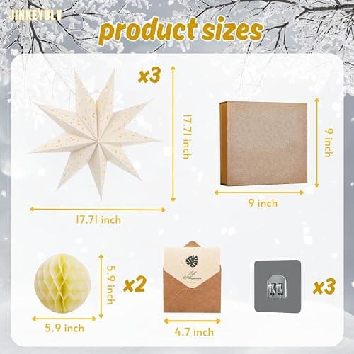 JINKEYULV Paper Star Lantern 3PCS Christmas Paper Stars Lantern 13.78 inch 9 Points Paper Star Lantern Hanging 3D Christmas Paper Star Hanging Star Foldable for Wedding Xmas White decoración navideña thumbnail 2