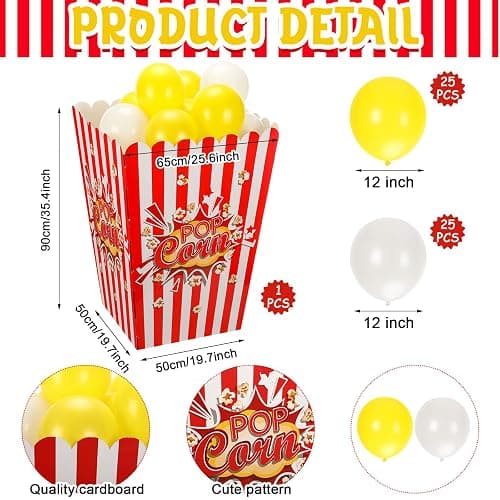 Sosation 2 Pack Giant Popcorn Box Prop Cardboard Stand up with Balloons Movie 3D Popcorn Bucket Decoration Large Carnival Circus Decorations Arch Kit for Movie Night Themed Birthday Party (Red) thumbnail 2
