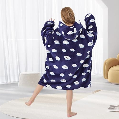 Mewkou Wearable Blanket Hoodie for Kids Oversized Sherpa Blanket Hoodie for Kids Boys Girls Teens 6-13YR,Navy Blue Cloud thumbnail 6