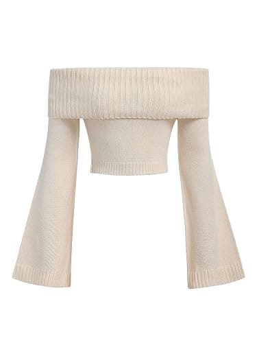 SHENHE Girl's Off The Shoulder Sweater Bell Sleeve Fold Over Knit Crop Top Sweater Pullover - Image 1