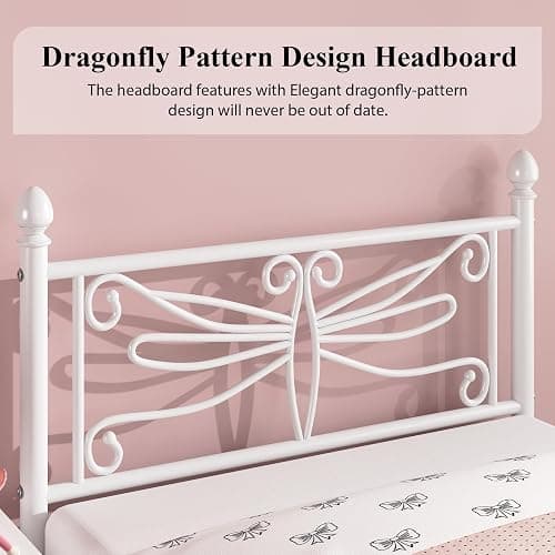 E-Ser Twin Size Bed Frame, Metal Platform Bed Frame with Dragonfly Pattern Headboard and Footboard, Strong Metal Slats Support, No Box Spring Needed, Easy Assembly, Noise-Free, White thumbnail 3