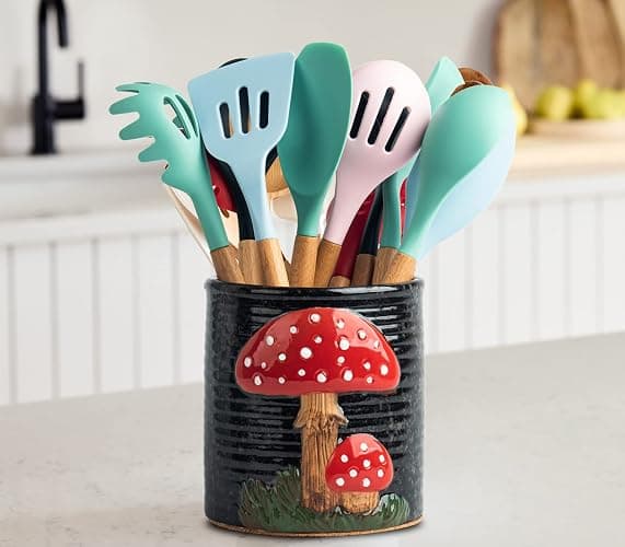 dgudgu Mushroom Kitchen Utensil Holder For Countertop Ceramic Utensil Holder For Kitchen Counter Large Cooking Utensil Utensil Crock Holder Spatula Holder Utensil Organizer For Countertop thumbnail 7