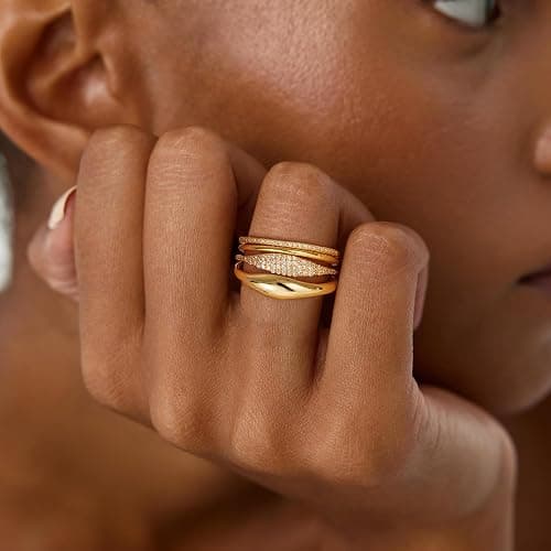 Fezodo Gold Stackable Rings for Women - Dainty 18K Realy Gold Plated Stackable Rings Infinity Thumb Ring Set Trendy Statement Promise Wedding Bands Engagement Ring for Women thumbnail 4