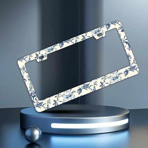 Blue Floral Flowers License Plate Frames - 2 Pcs Set 2 Holes Stainless Steel Metal Auto Car Accessories Decoration License Plate Frame Cover Size 6.3" x 12.2" Fit US Vehicles for Women Men Gift thumbnail 2