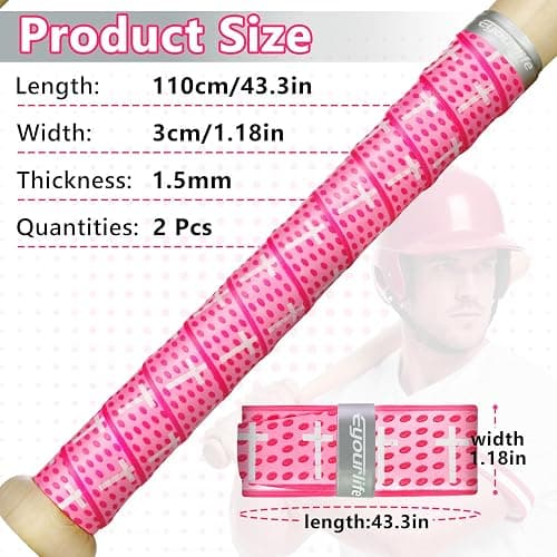 Eyourlife 2-Pack Baseball Bat Grip Bat Wraps for Baseball Softball Cricket Gifts Tapes Pro Feel 1.1mm Non-Slip Elite Batting Grip Tape for Bats Players & Coaches & Enthusiasts - Cross Pink thumbnail 2